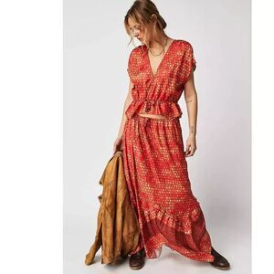 Free People Dreambound Kight Weight Boho Skirt And Top Set Red Size Small